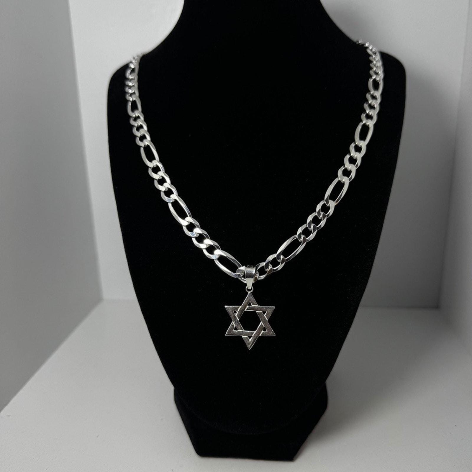 Sterling Silver Star Of David Pendant Necklace 925 Italy Figaro Chain 23 In 42g